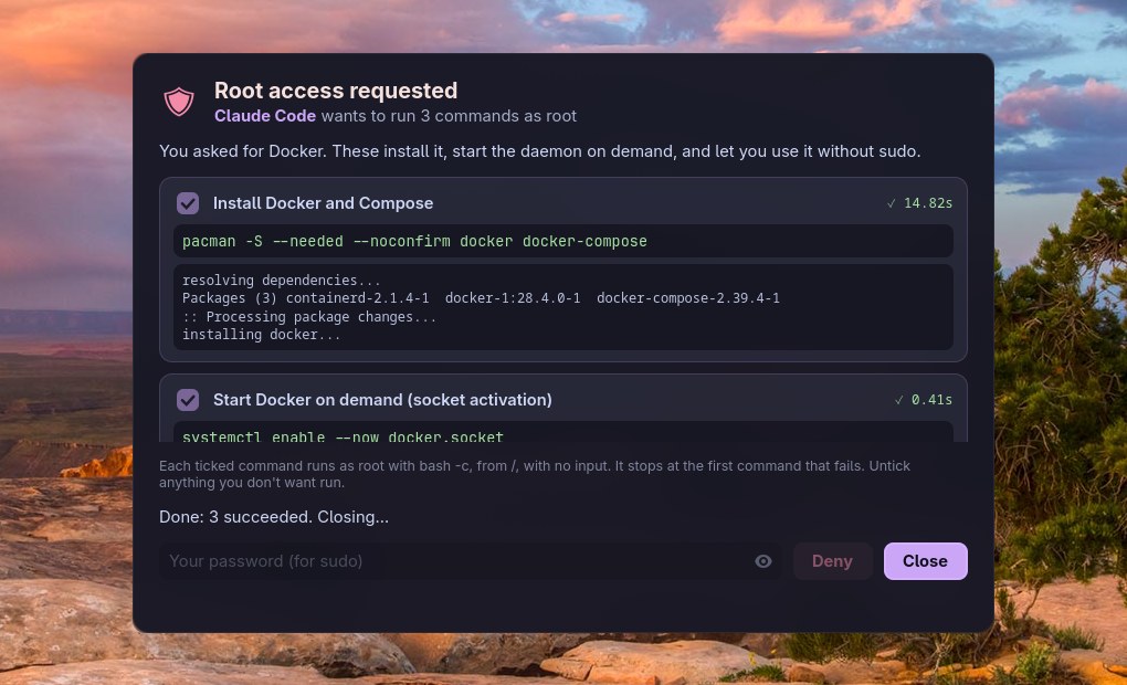 The window after an approved run: each command shows a tick and its duration, and Done: 3 succeeded. Closing…