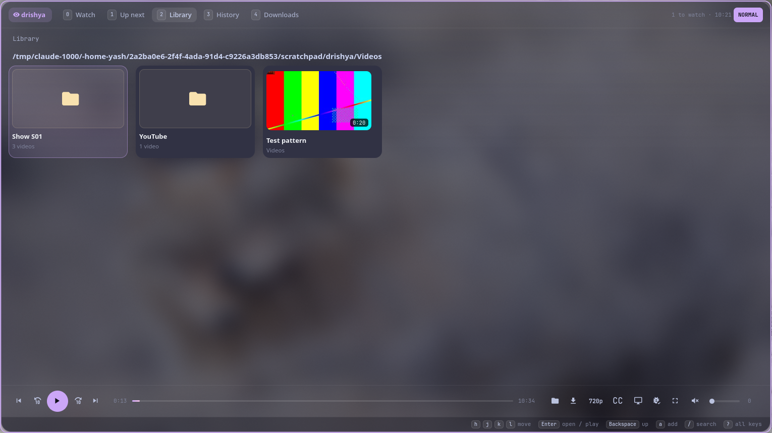 The library as a grid: folders and videos with thumbnails and lengths