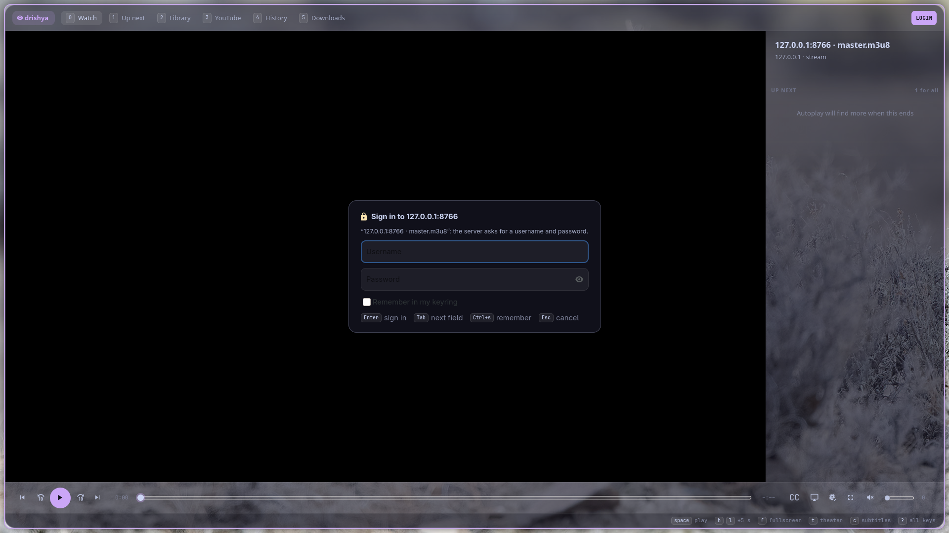 The sign-in panel over the player: Sign in to the server, why, username and password fields, Remember in my keyring, and the keys