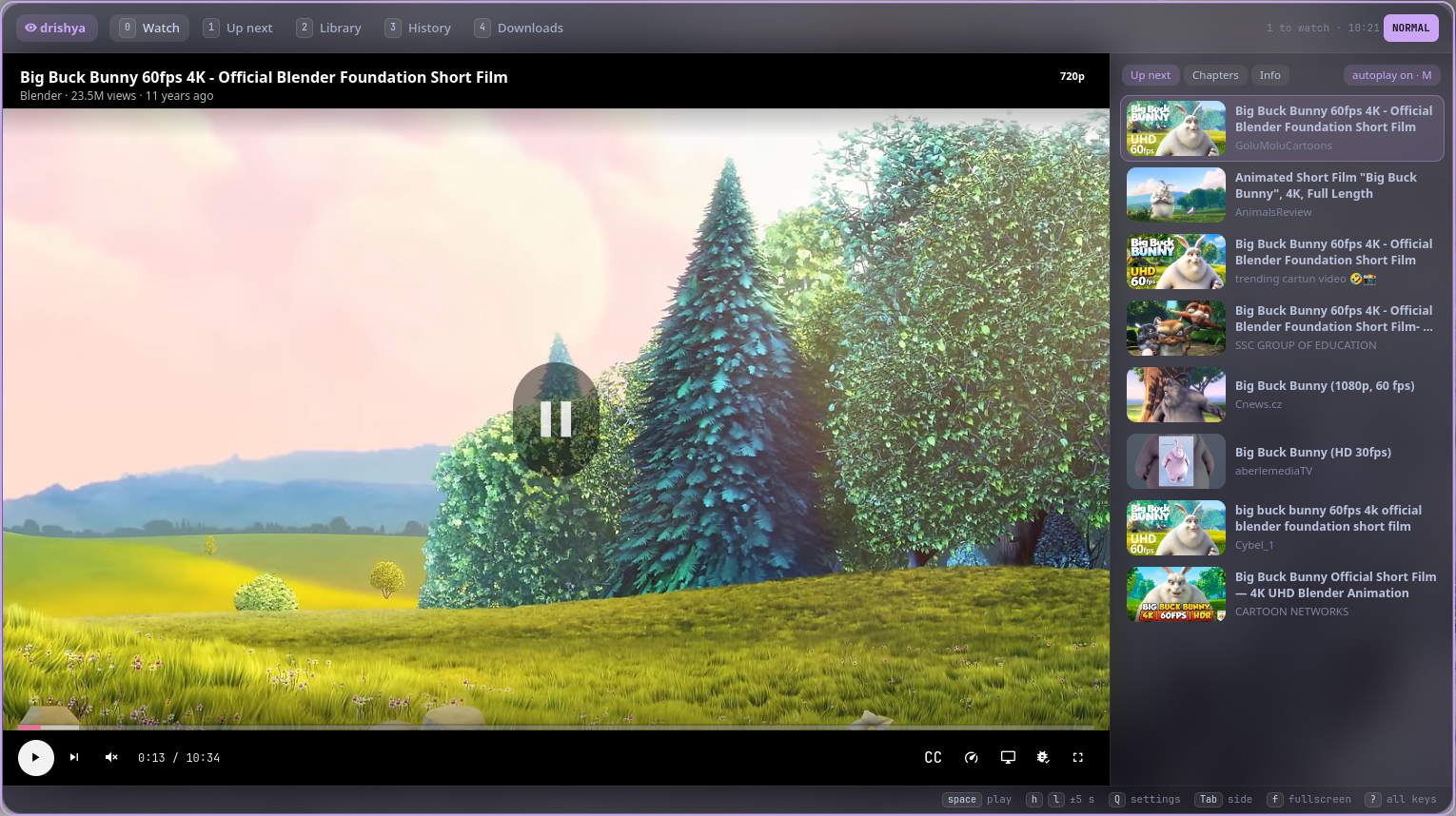 Watching a YouTube video: the video on the left, its title, channel and views, quality and chapter on the right with what plays next, the controls and keys below