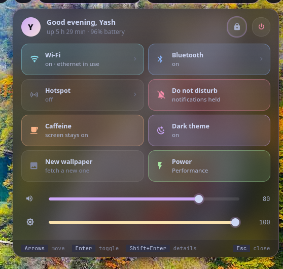 kendra: quick settings panel