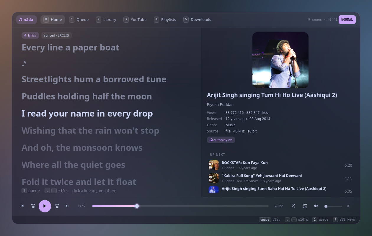 nāda's Home: the lyrics of the playing song fill the left, scrolling with it; the right shows the cover, the singers, views, release date and what plays next