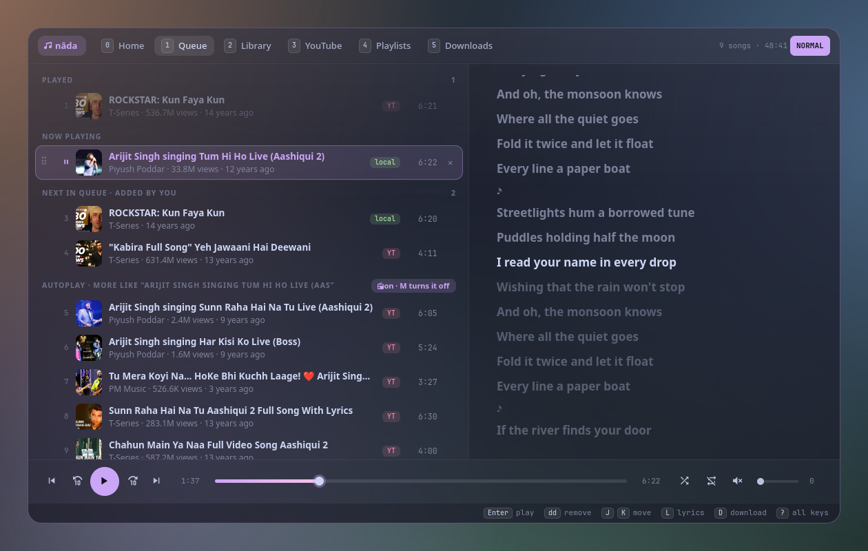 The queue with the lyrics on the right (L)