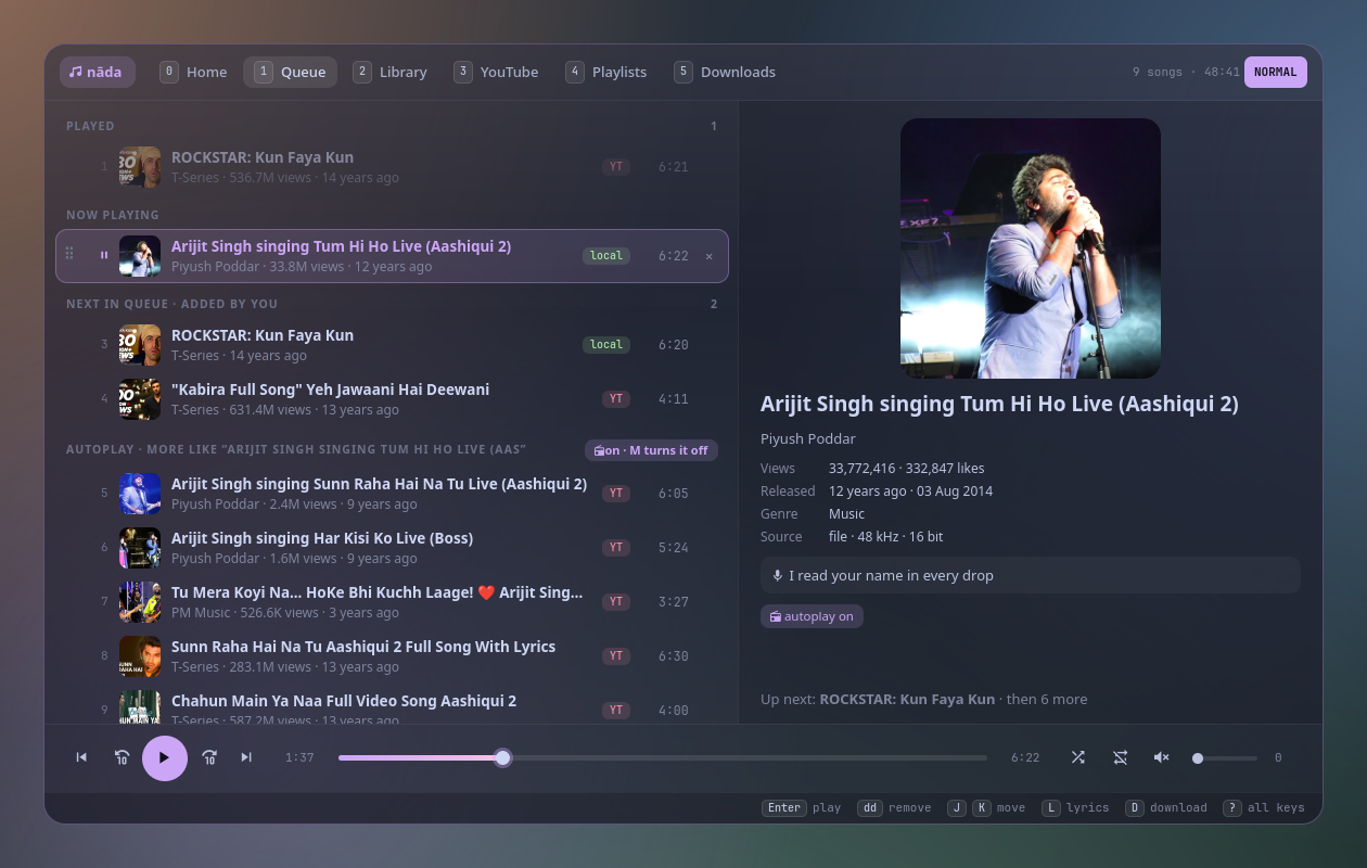 The queue: played songs dimmed, the playing one highlighted, then your songs, then autoplay; each with its views and age