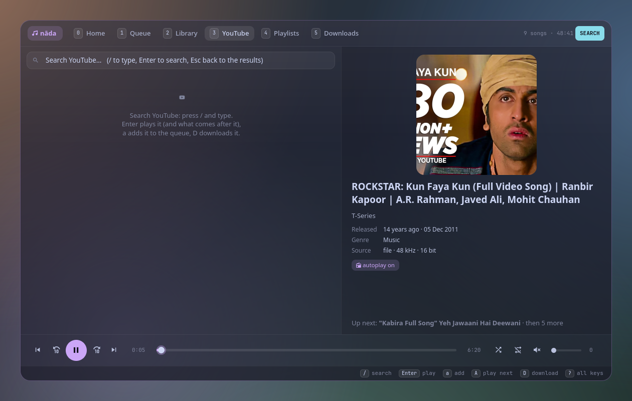 Searching YouTube: results with thumbnails, channel, views and length