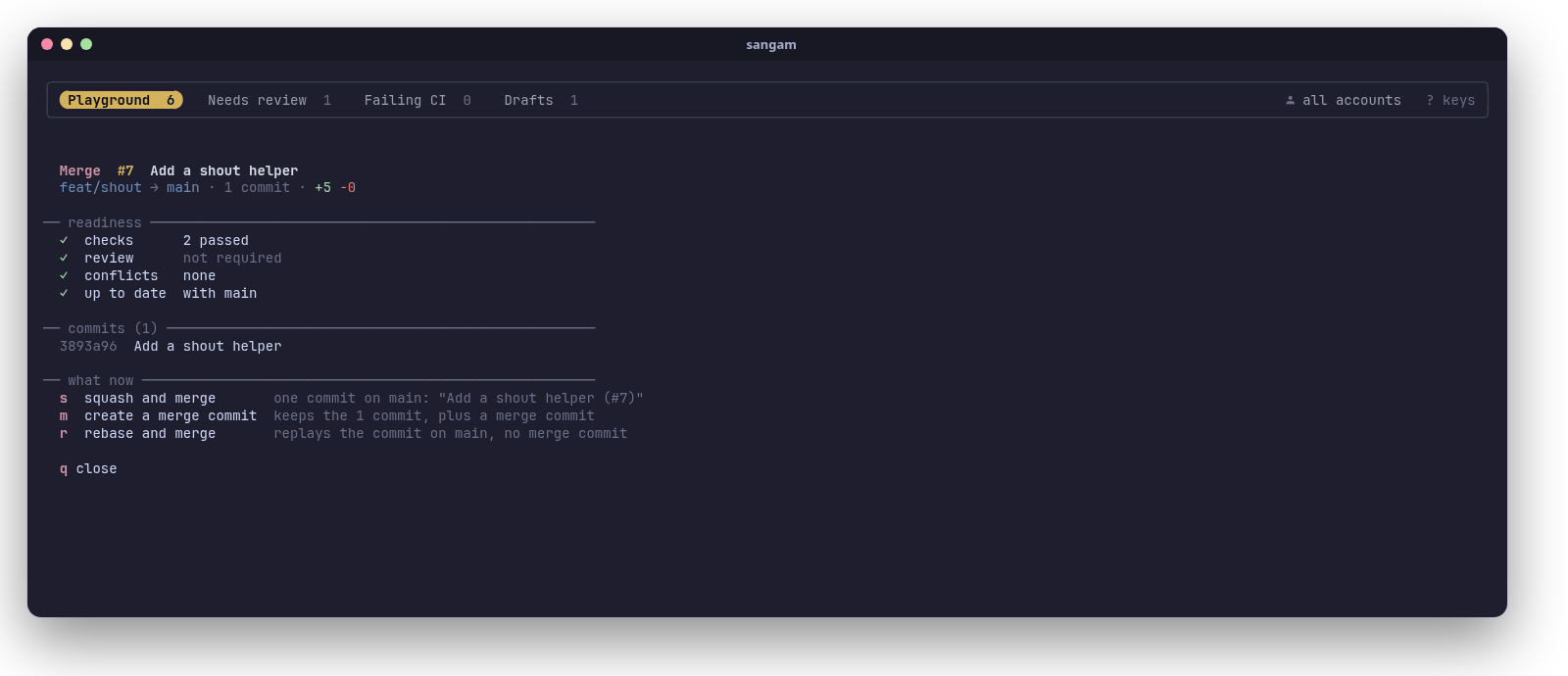 The merge panel: readiness checklist, commits that land, and the merge options the repo allows