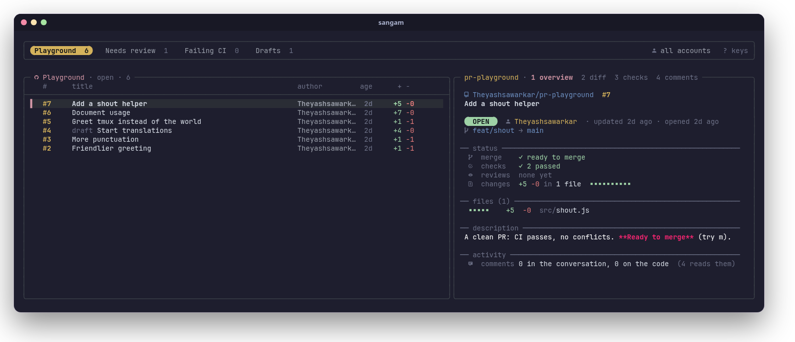 sangam: section tabs on top, the pull requests of the current section on the left, the selected PR's overview on the right