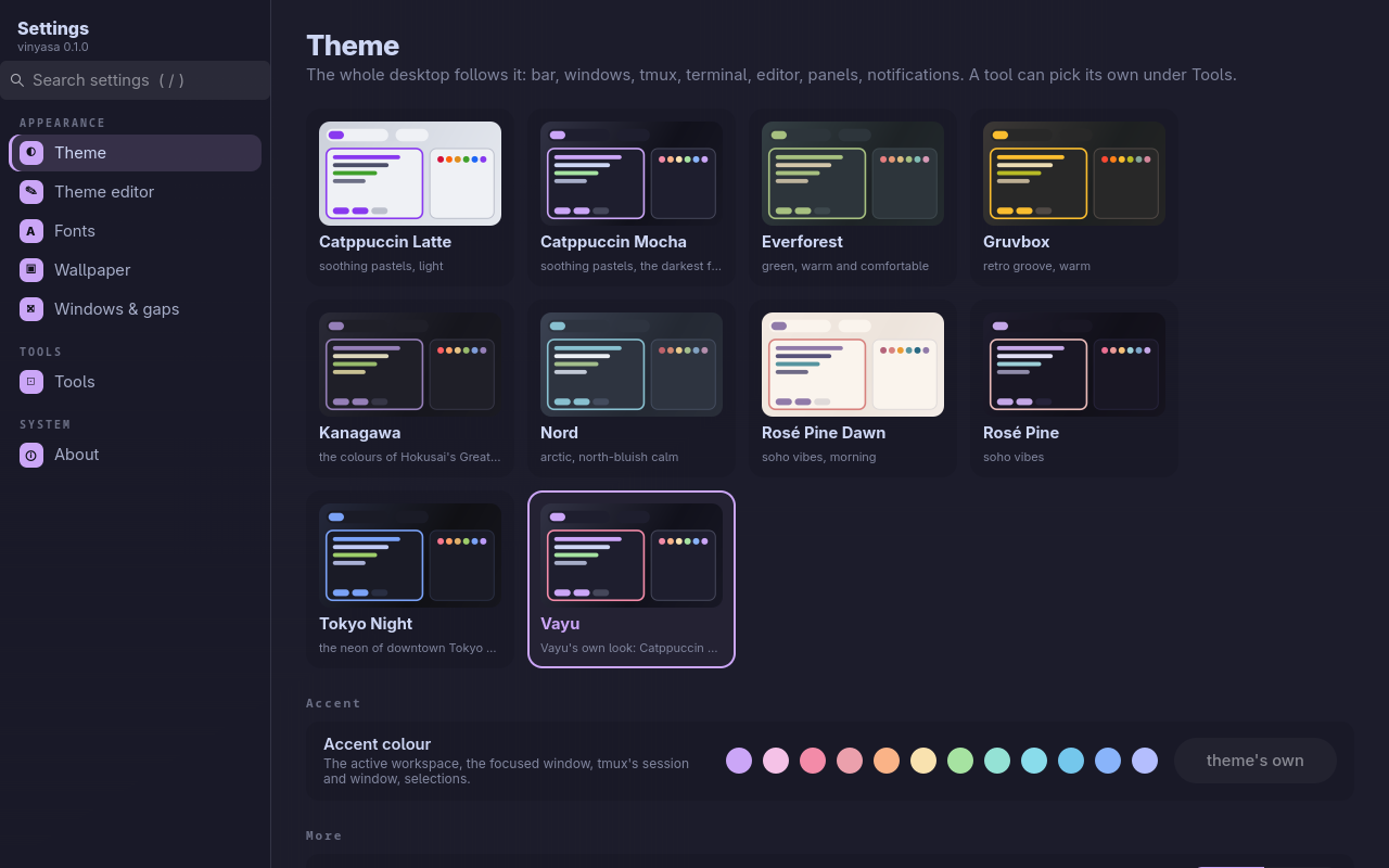 vinyasa's Theme page: a card per theme with a tiny desktop drawn in its colours, accent swatches below