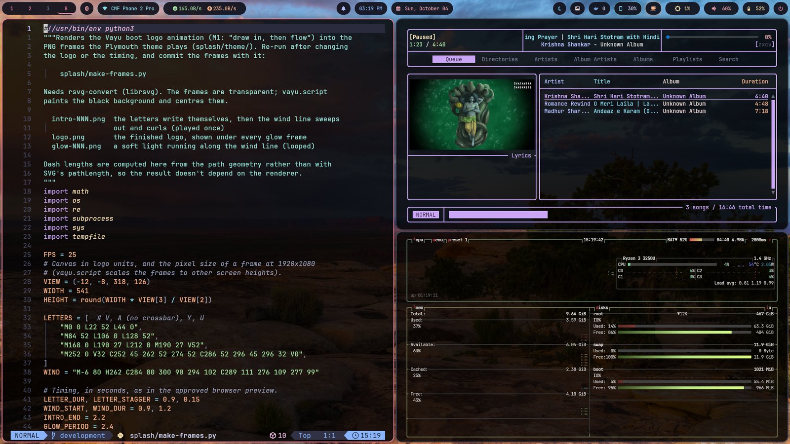 Neovim, the rmpc music player and btop tiled over a desert-sunset wallpaper, with real compositor glass and the Catppuccin Mocha bar.