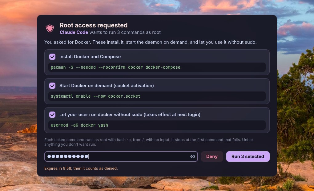 The approval window over the desktop: Claude Code asks to run three commands to install Docker, each with its reason and a checkbox, and a password field with Deny and "Run 3 selected"