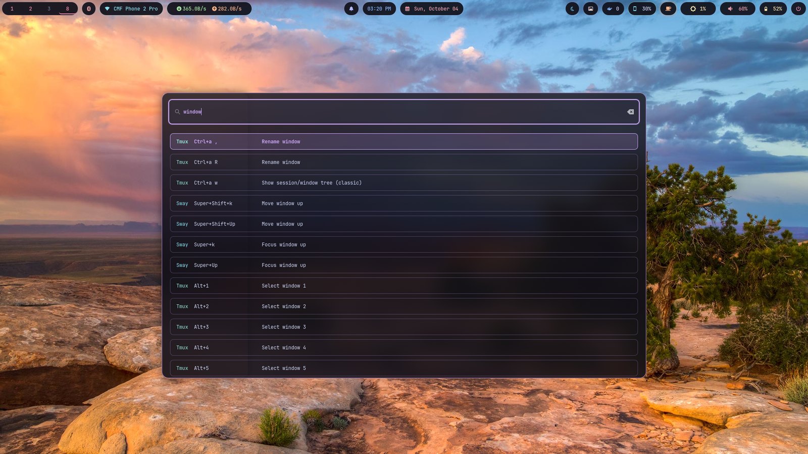 Fuzzy keybinding search across Sway and Tmux, filtered to window keys.