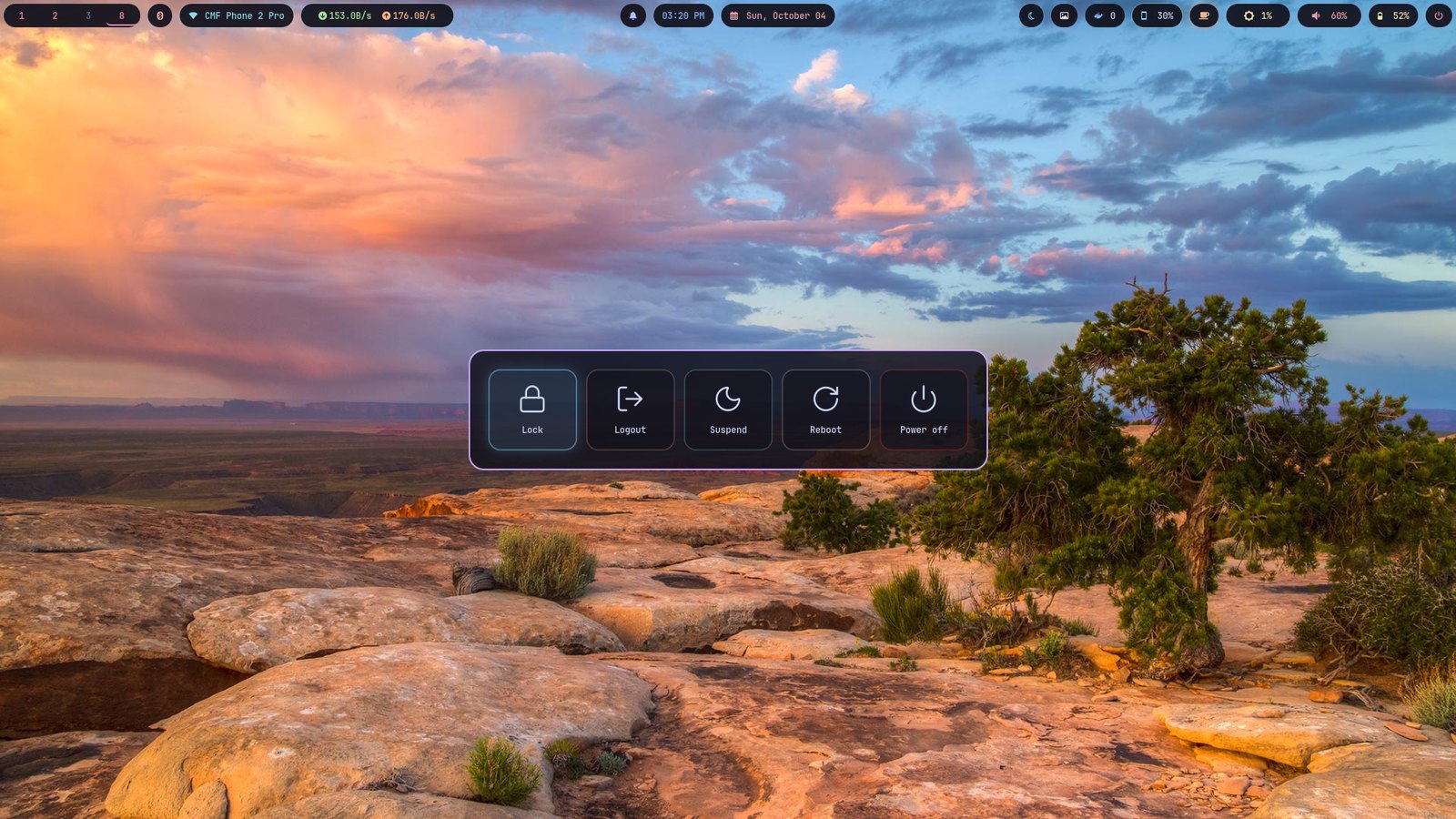 The power menu: lock, logout, suspend, reboot, power off.