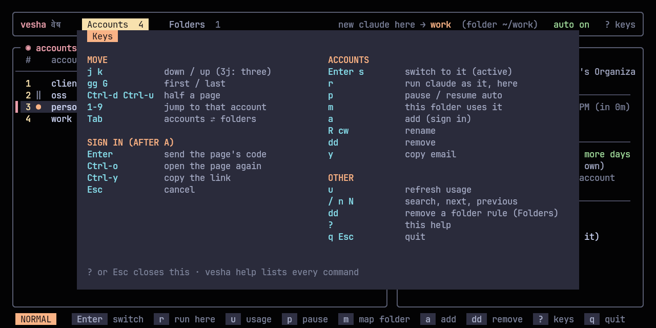 The key sheet over the switcher: movement, account actions and other keys in columns