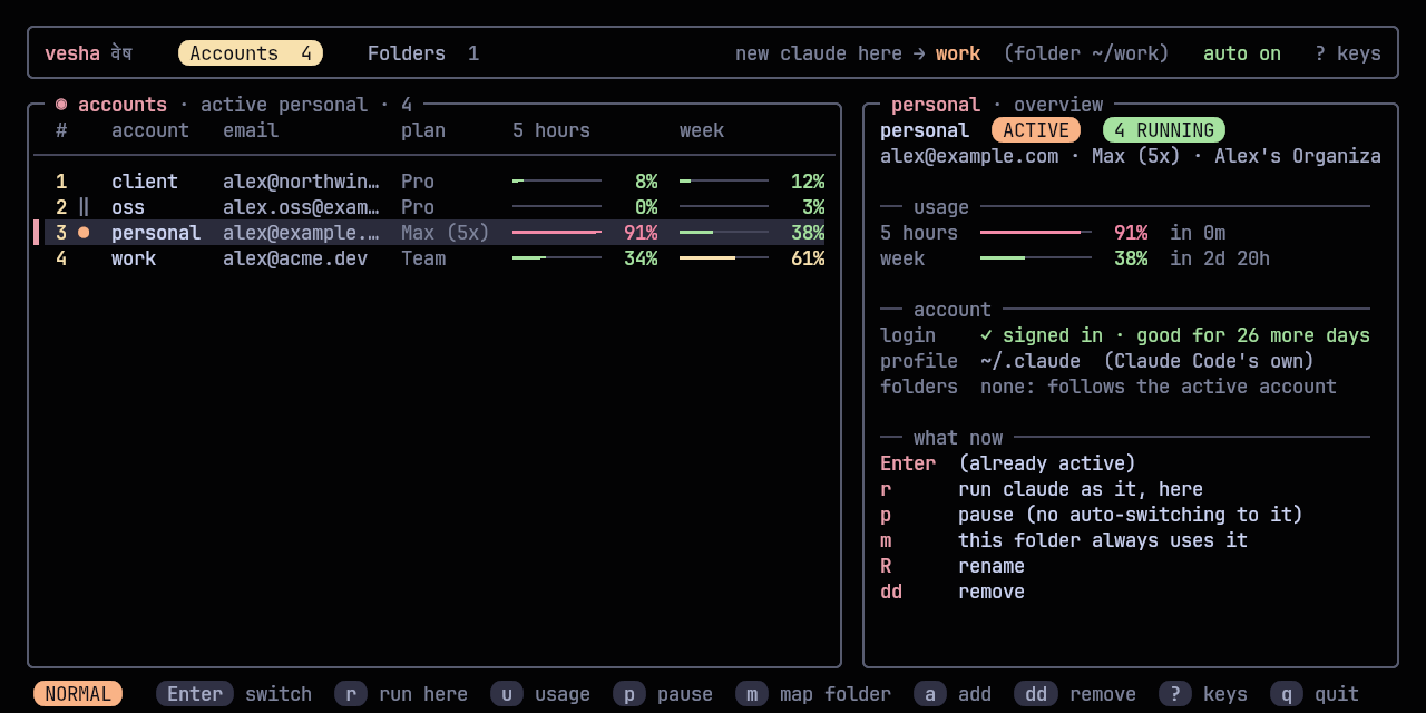 The switcher: tabs for accounts and folder rules on top; four accounts on the left with email, plan, 5-hour and weekly usage; the selected account's overview on the right with usage and reset times, login, profile, folders and what you can do