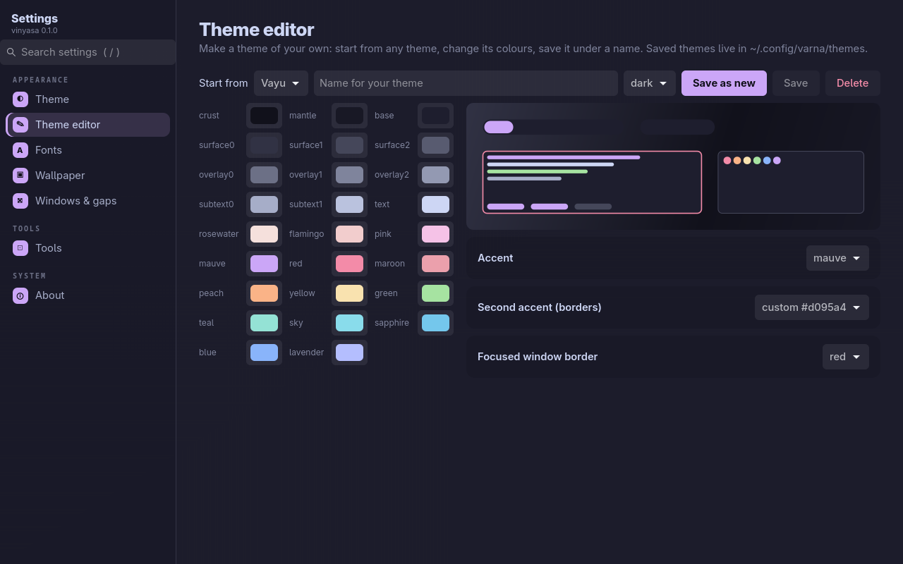 The theme editor: every palette colour as a button, the accents as dropdowns, and a live preview of a desktop in the edited colours