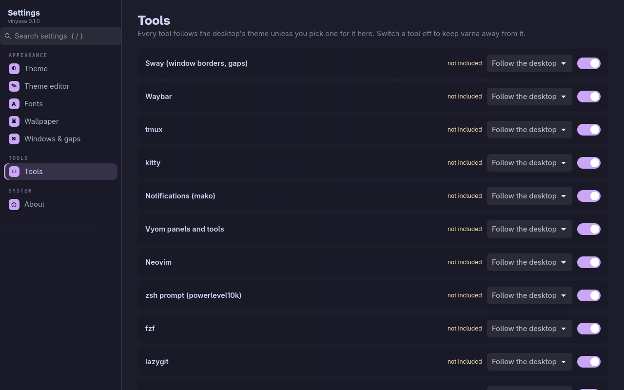 The Tools page: each tool with a theme dropdown (Follow the desktop) and a switch